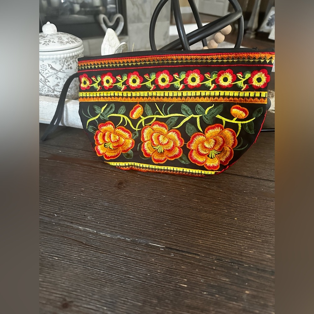 Floral Embroidered Clutch Black and Yellow